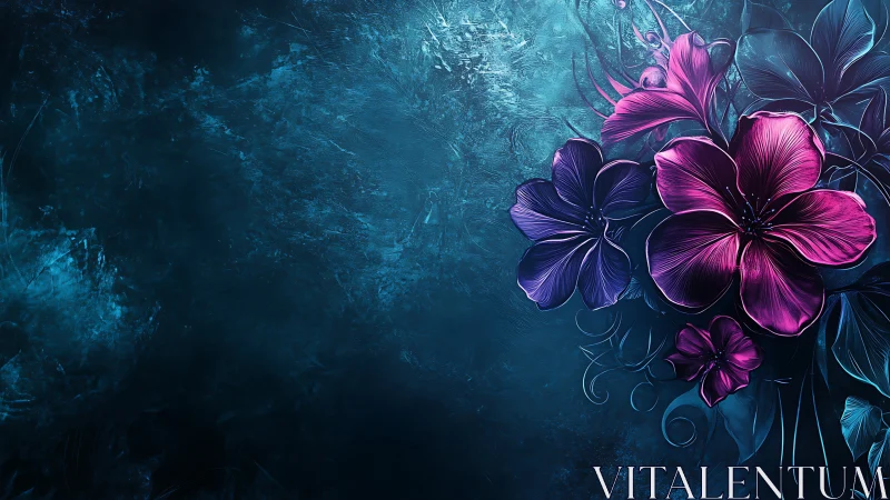 Magenta Flowers Against Deep Teal Textured Background