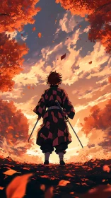 Ember skies crown the lone swordsman in autumn resolve