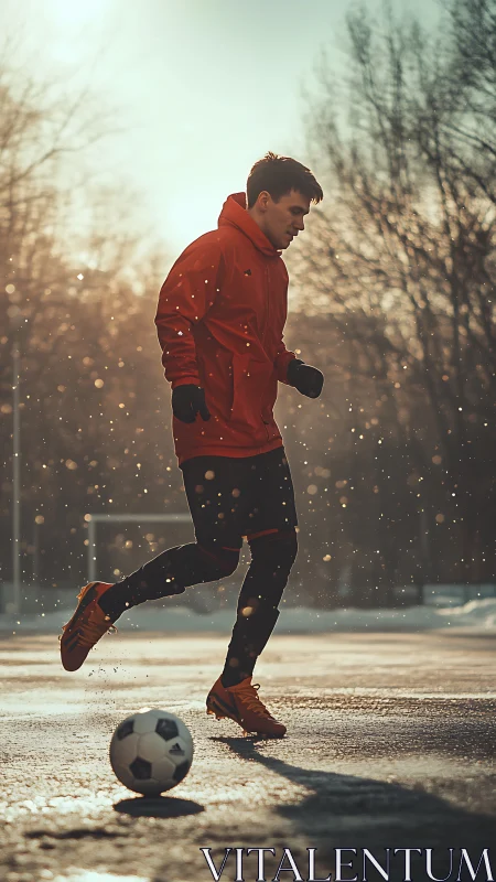 Young soccer player training on wet winter outdoor field.