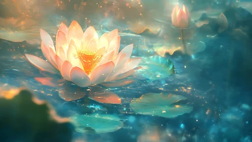 Glowing lotus drifts gently across a dreamy, starlit pond