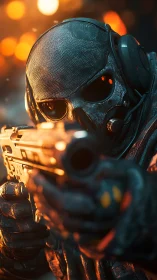 Armored skull soldier amid glowing battlefield embers.