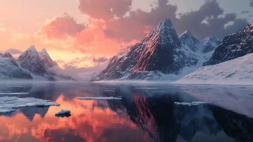 Glacial peaks mirrored in crimson arctic sunset waters.