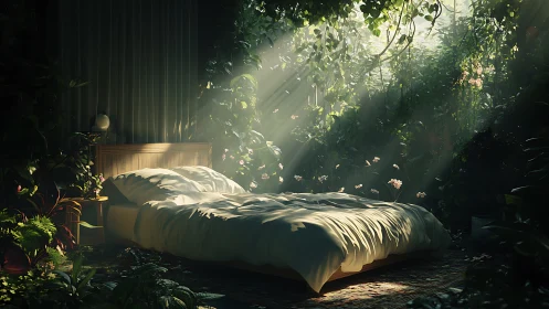 Sunlit canopy bathes a secluded forest bedroom in diffused light