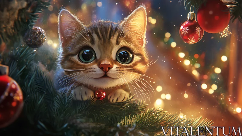 Wide eyed Christmas kitten glows amid sparkling tree lights