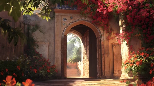 Sunlit garden archway opens onto a tranquil courtyard path.