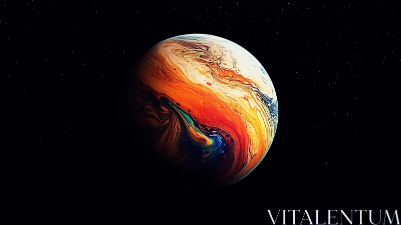 Swirling abstract planet glows like liquid fire in deep space