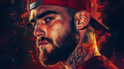 Digital painting portrait with fiery cinematic edge lighting.