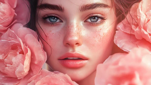 Ultra-detailed freckled portrait framed by dewy pink petals.