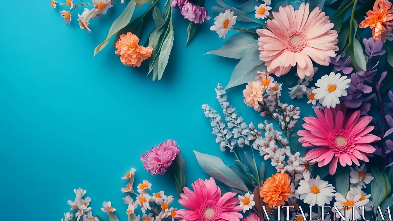 Vibrant Floral Arrangement Against Turquoise Background.