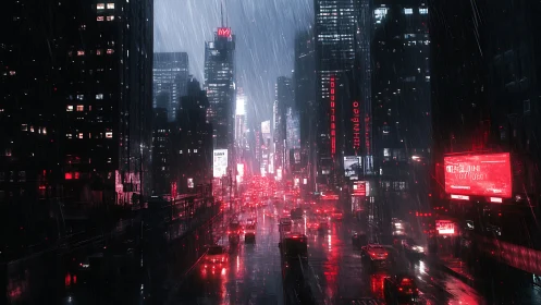 Neon-soaked rainy megacity corridor under crimson glow.