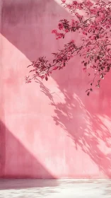 Pink wall with flowering branch and defined soft shadows.
