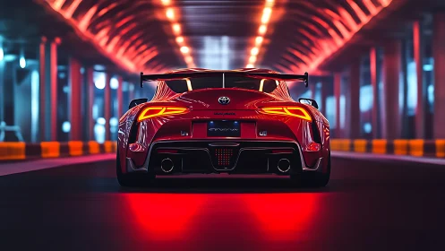 Rear view of red sports coupe in illuminated tunnel at night.