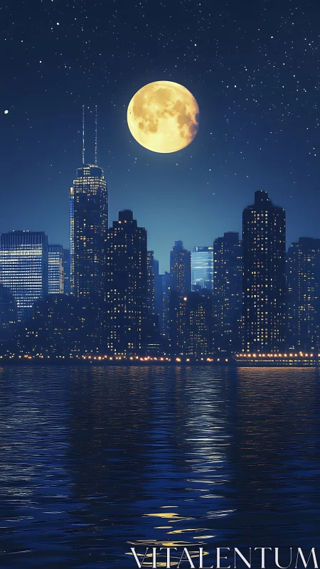 Moonlit skyline over reflective harbor in deep blue night