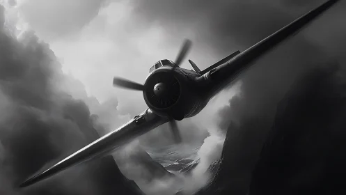 Warplane cuts storm-dark mountain pass in hard grayscale.