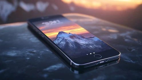 Sunset peaks spill from a sleek glass smartphone dreamscape.