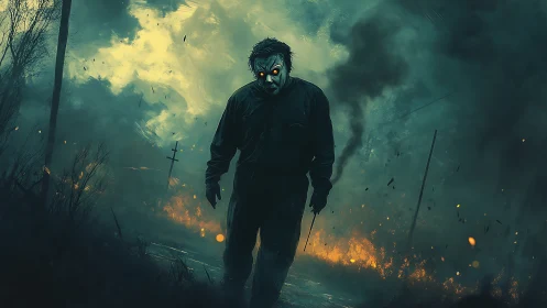 Masked figure walking through burning roadside landscape.