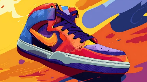 Color-splashed sneaker in motion across a painted sky.