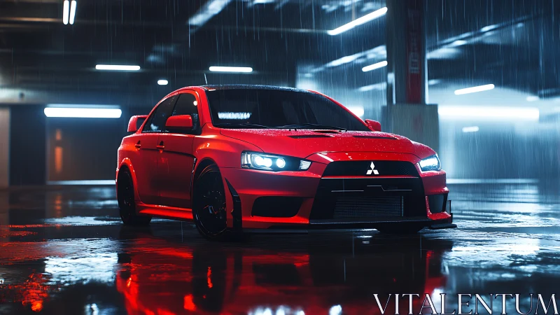 Photorealistic red sports sedan in cinematic rainy garage.