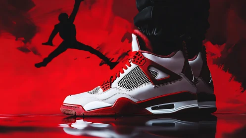 Red and white basketball sneakers against bold red backdrop.