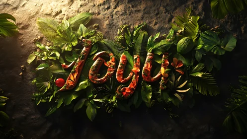 Lush tropical &ldquo;Joy&rdquo; lettering glowing in warm sunlight.