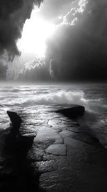 Monochrome storm surf on wet rock ledge under backlit clouds