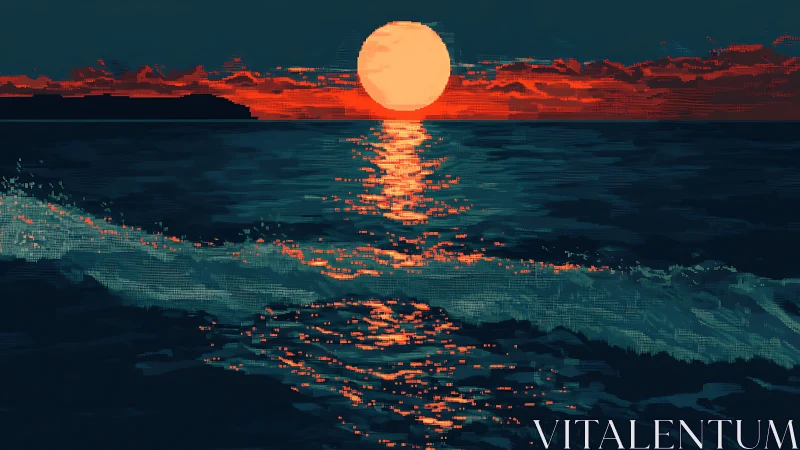 Pixelated crimson sunset over reflective ocean horizon.