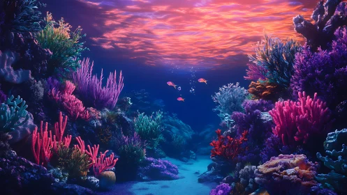 Glowing coral reef haven with playful fish in sunset light.