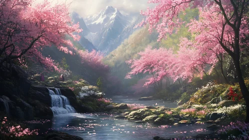 Cherry blossom valley frames cascading stream and alpine peaks