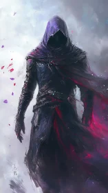 Hooded shadow assassin strides through storm of crimson light.