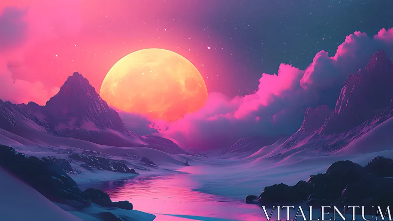 Neon lunar horizon illuminates surreal glacial valley basin