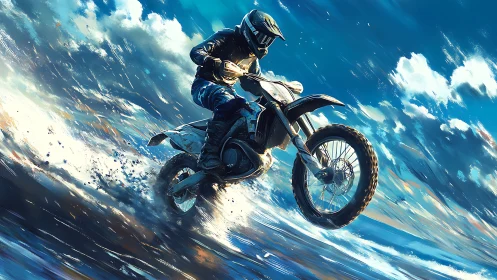 Motocross rider launches dirt bike across wet shoreline