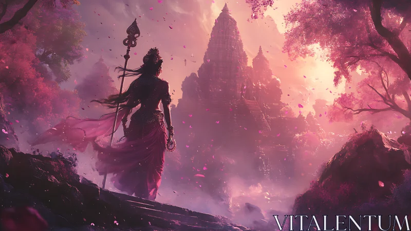 Warrior goddess walking toward a sunlit pink temple.