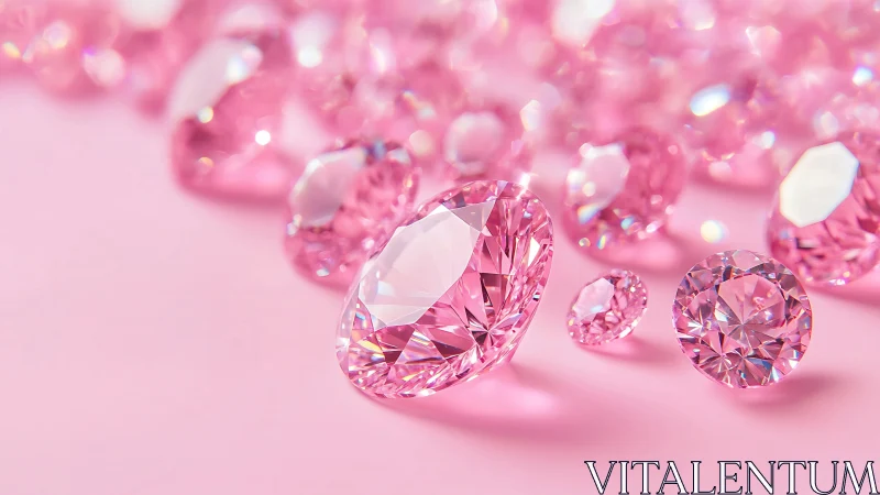 Photorealistic pink gemstones on pastel surface in shallow focus.