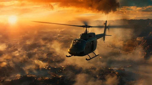 Military helicopter crosses smoldering city at cinematic sunset