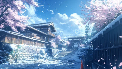 Snowy Japanese street contrasts cherry blossoms and clear sky