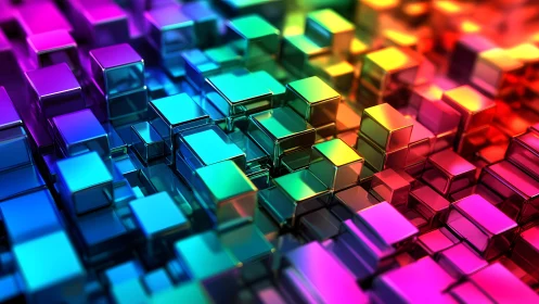 Vibrant 3D Metallic Cubes in Abstract Rainbow Pattern.