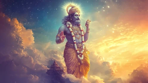 Divine blue-skinned deity stands above clouds at sunset