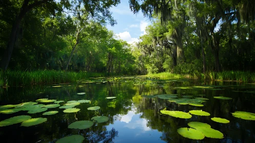 Lush cypress swamp lagoon with floating lily pads at noon.