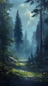 Misty Alpine Valley with Towering Conifers and Mountain Vista
