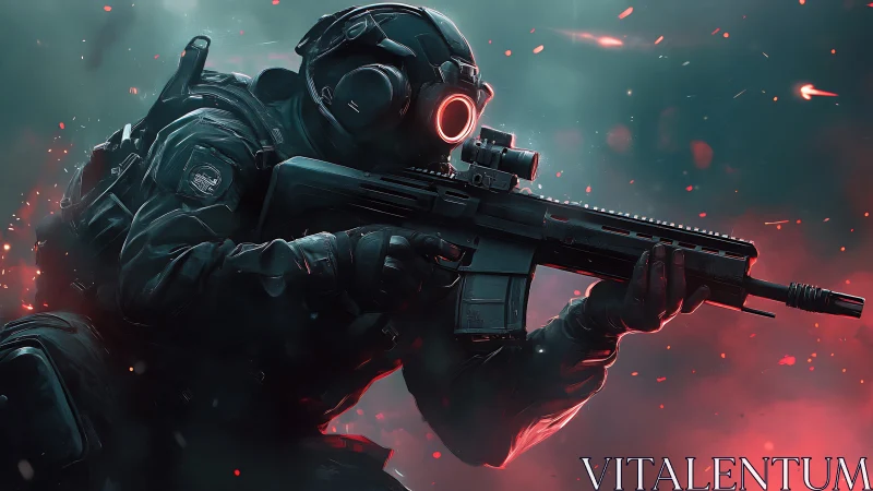 Futuristic tactical soldier with rifle in combat stance.