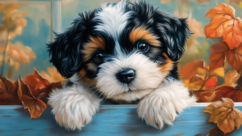 Fluffy tricolor puppy rests among glowing autumn leaves.