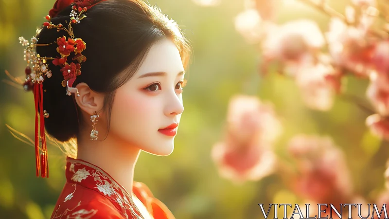 Woman in red hanfu with floral hairpin in soft sunlight.