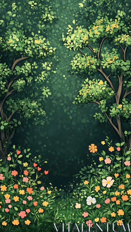 Vertical forest composition with layered canopy and ground vegetation