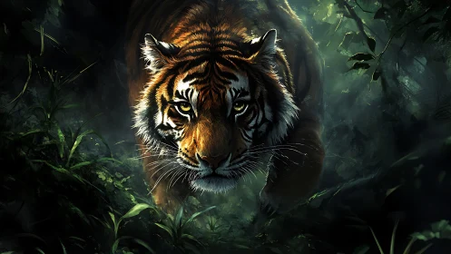 Stalking tiger emerging through shadowed jungle foliage.