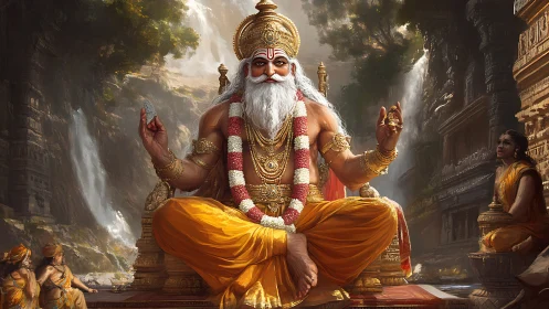 Regal sage in golden robes amid cascading temple sanctum.