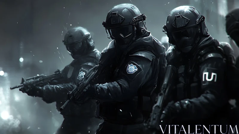 Elite tactical squad advances through rain-soaked darkness
