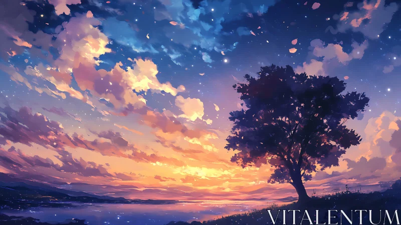 Silhouette tree stands before vivid digital sunset sky