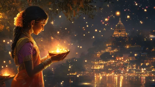 Young devotee cradles a festival of lights above shimmering water