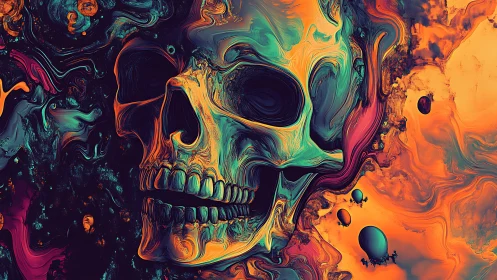 Neon fluid skull in swirling duotone magma nebula field