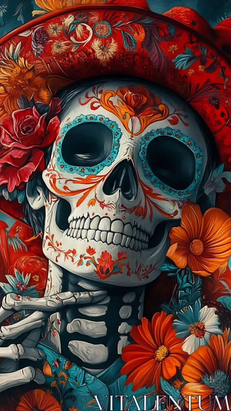 Sugar skull portrait glows amid vivid orange marigolds